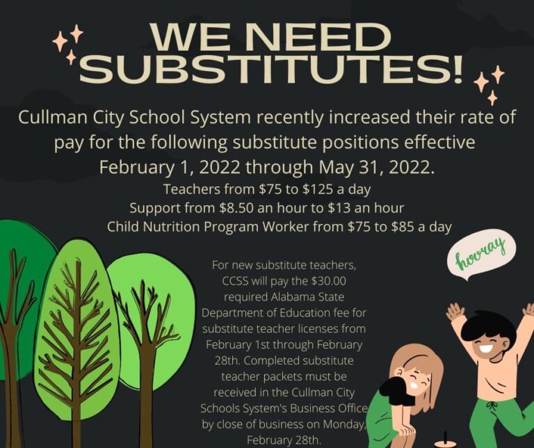 Substitutes needed immediately for Cullman City and County Schools