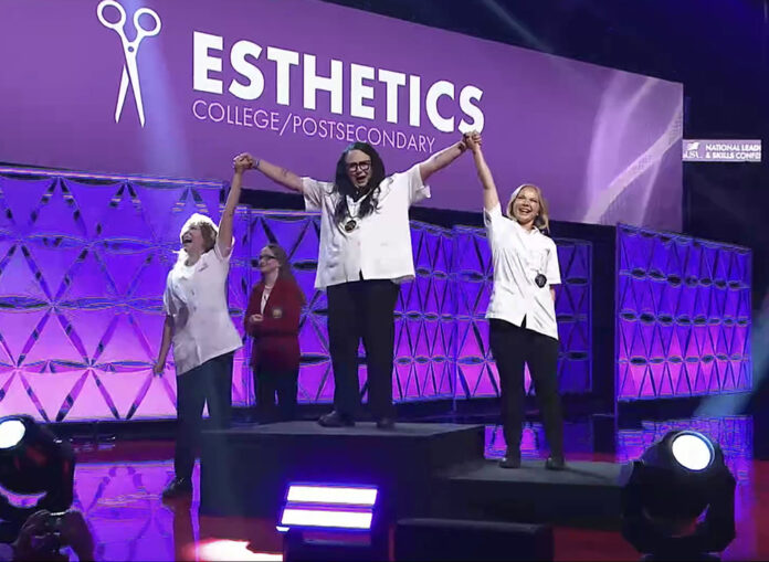 Kyndall Winters of Nauvoo celebrates winning a gold medal in esthetics at the 2024 SkillsUSA National Leadership and Skills Conference.